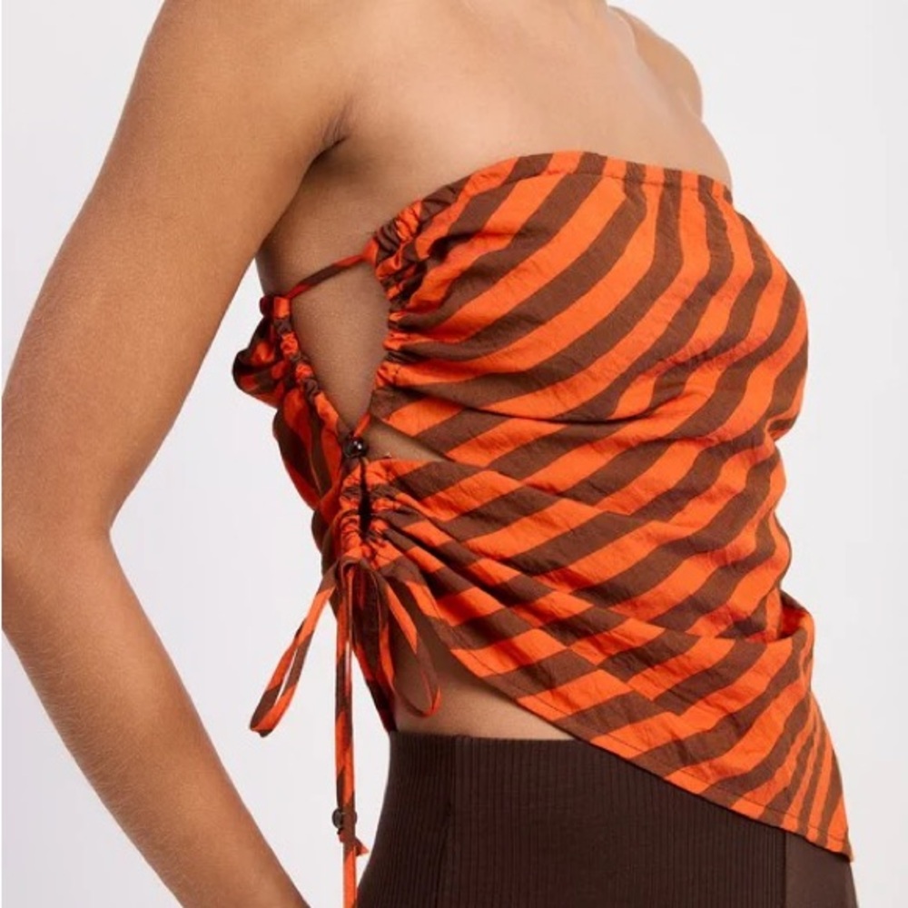 Ramona Orange Brown Striped Strapless Ruched Side Tie Top Size S Trendy Y2K 💙